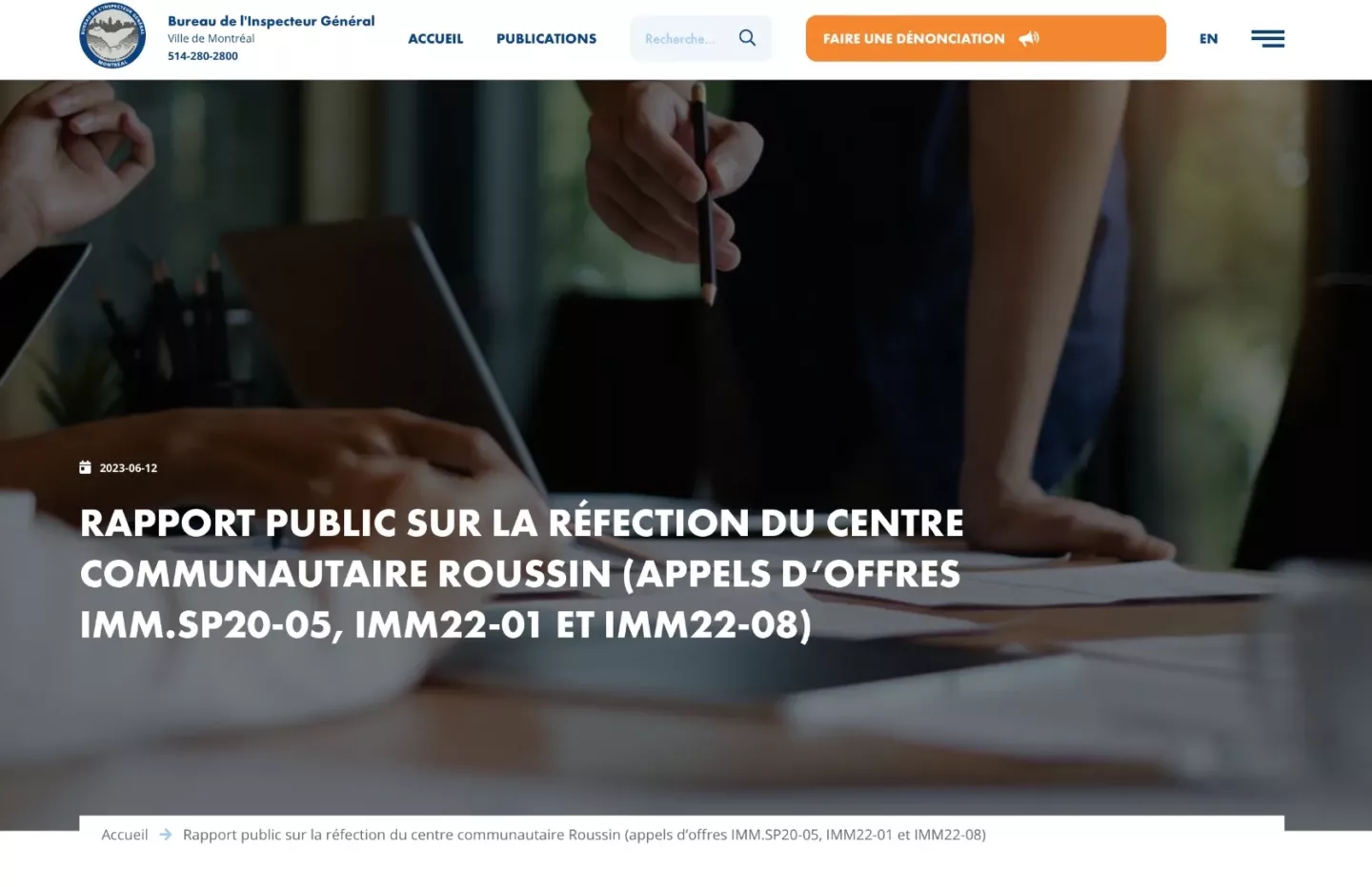 Page d'accueil du site web du Bureau de l'Inspecteur Général de la Ville de Montréal