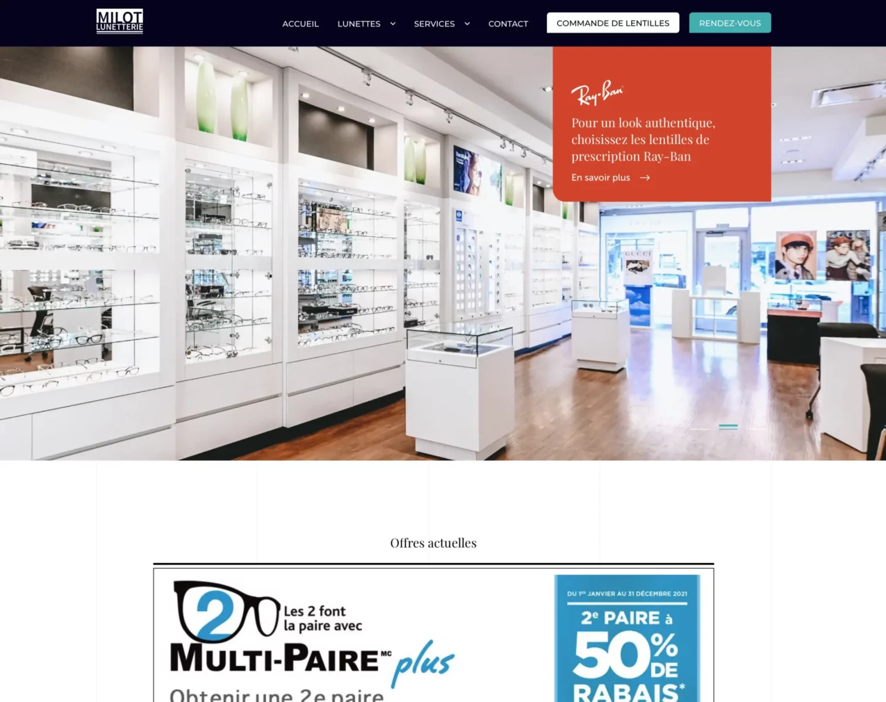 Page d'accueil du site web Lunetterie Milot — opticien Montréal