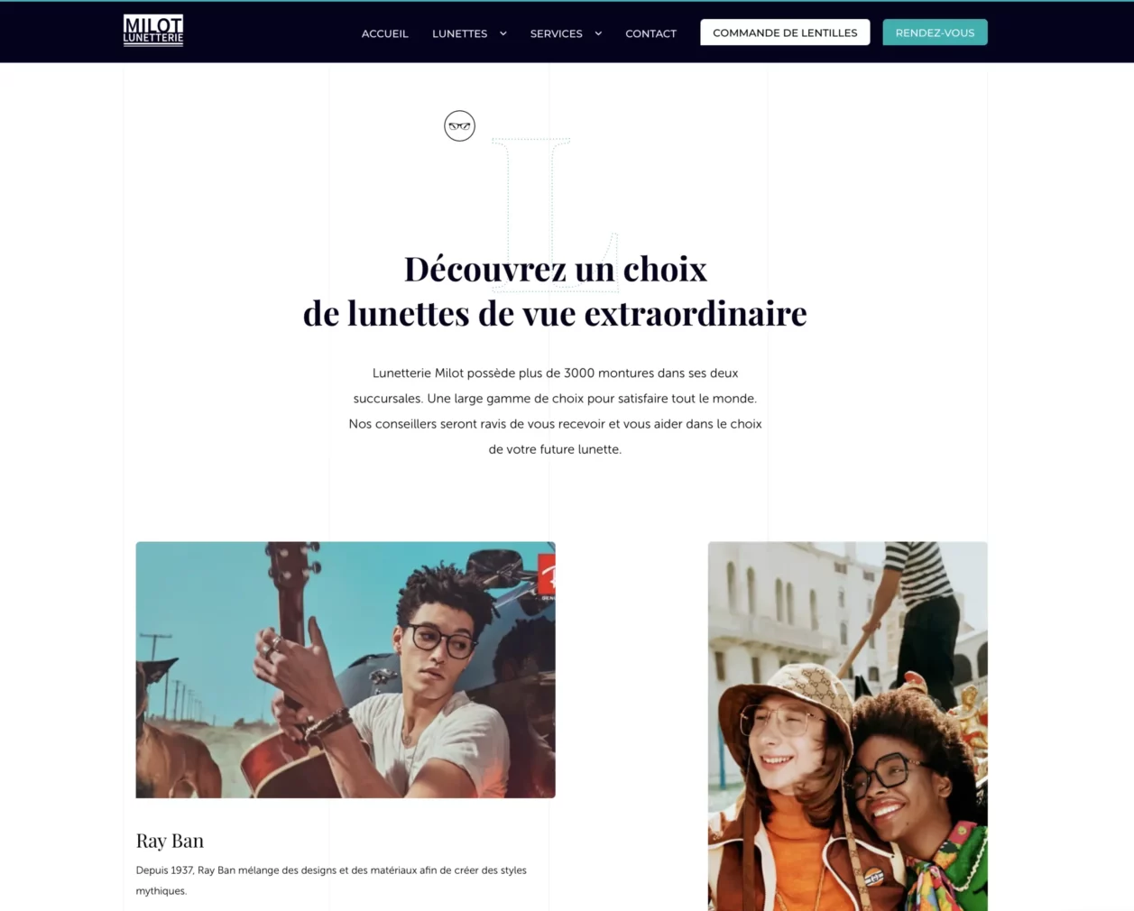 Page lunettes de vue — site web Lunetterie Milot