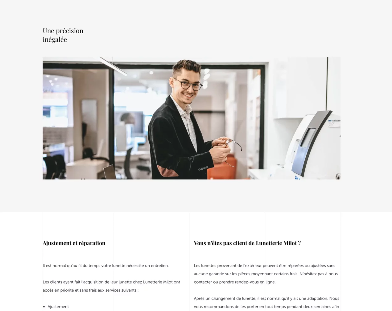 Page services optiques — site web Lunetterie Milot