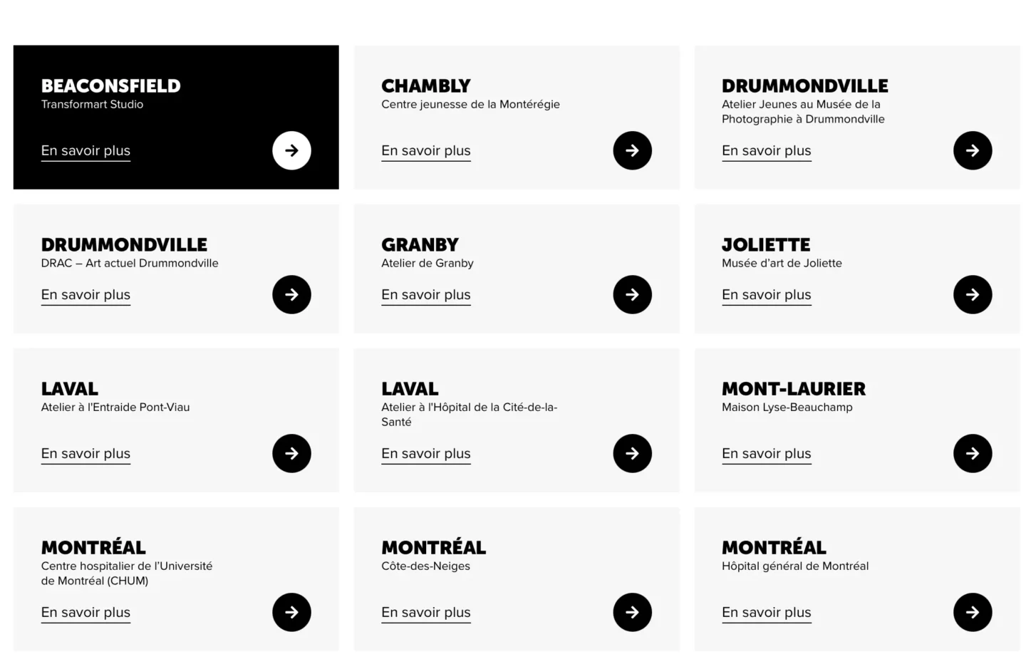 Page des événements et ateliers artistiques — site web Les Impatients