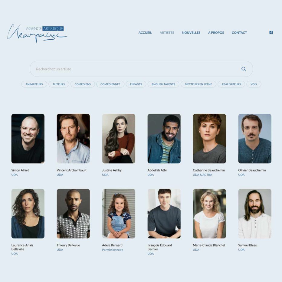 Page d'accueil du site web de l'Agence d'artiste Geneviève Champagne