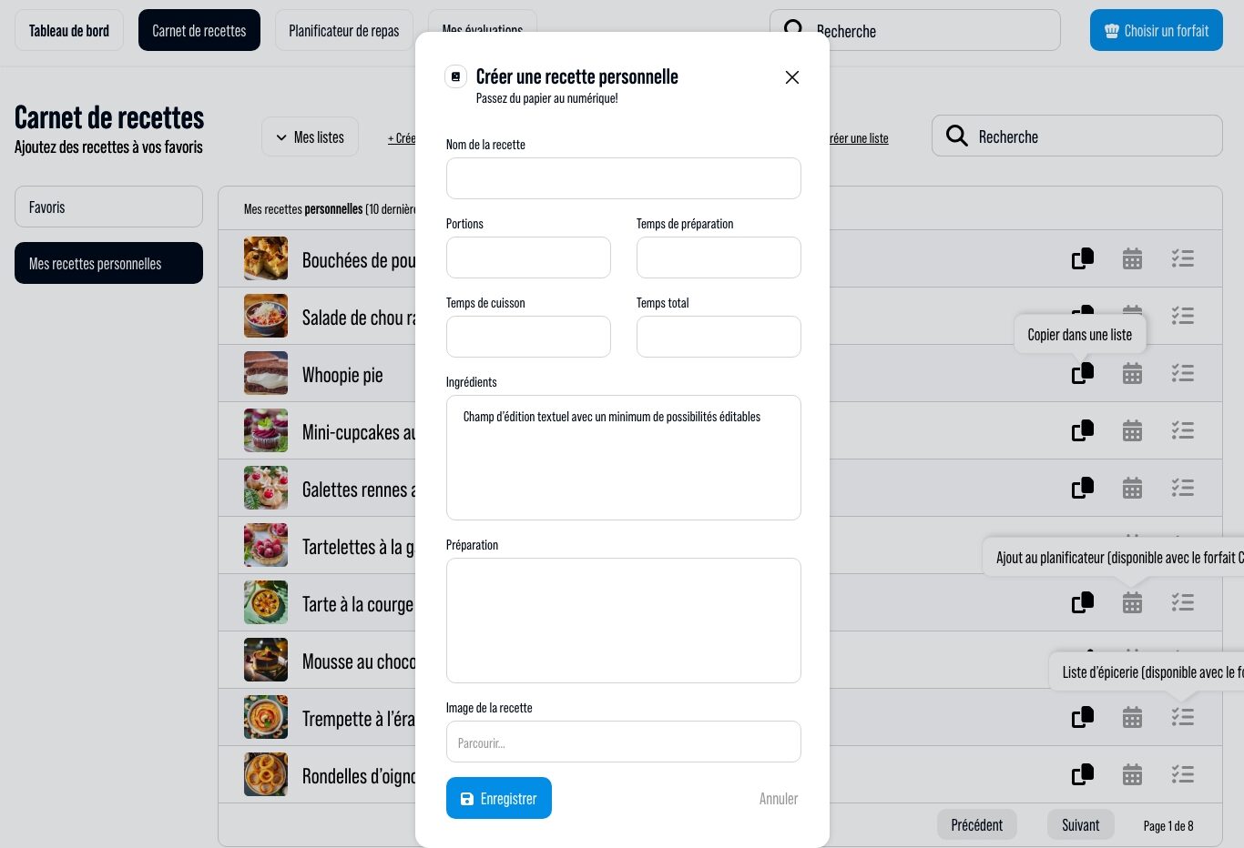 Interface carnet de recettes personnelles — Trouve Ta Recette