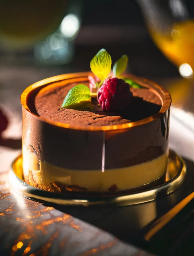 Mousse au chocolat avec framboise et feuille de menthe