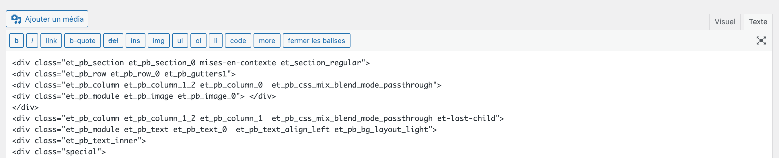 Capture d'écran de l'éditeur classique de WordPress en mode Texte affichant une structure HTML remplie de divs. 