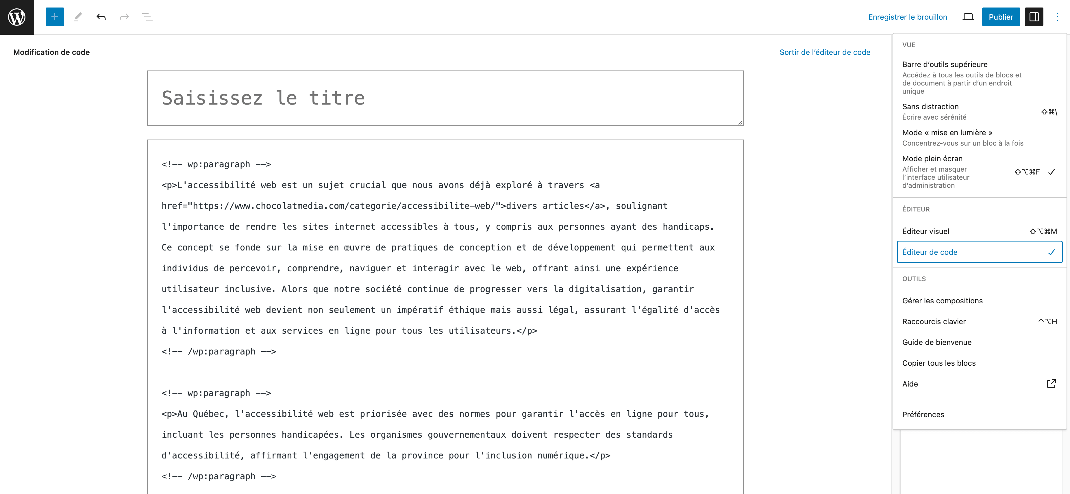 Capture d'écran de l'éditeur de blocs de WordPress, en mode "Éditeur de code". 