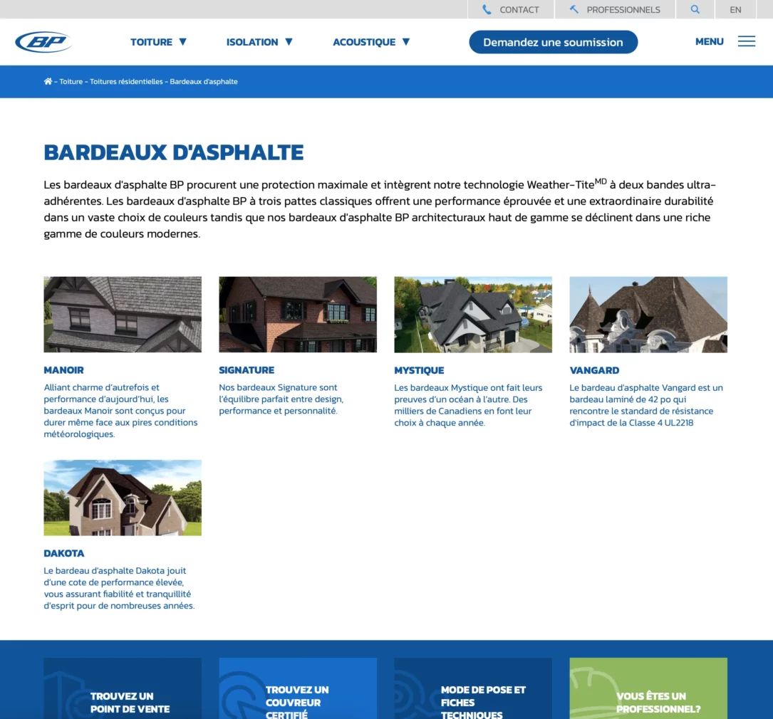 Page produits bardeaux d'asphalte — site web bpcan.com