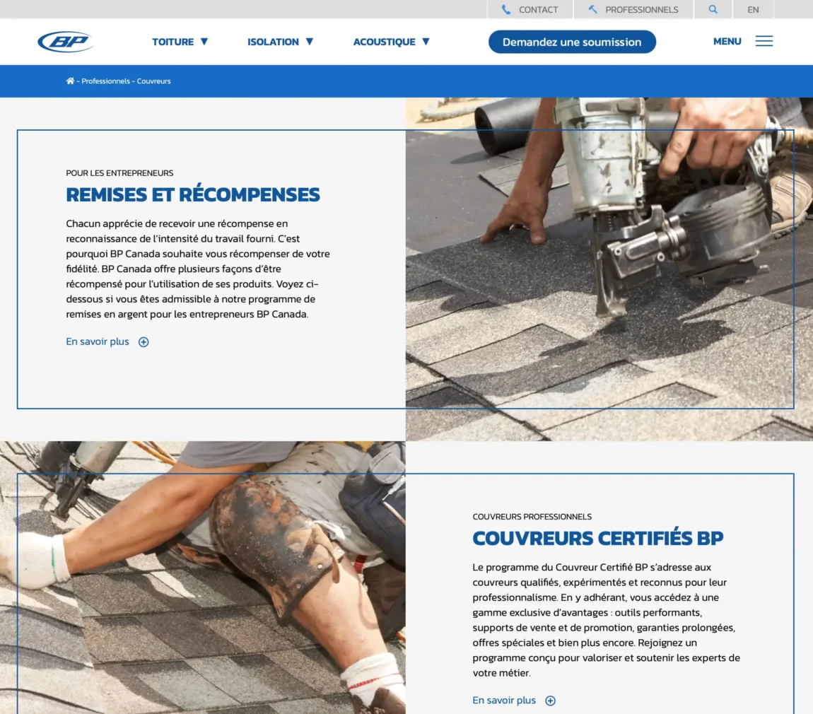Page réseau de couvreurs professionnels certifiés BP Canada