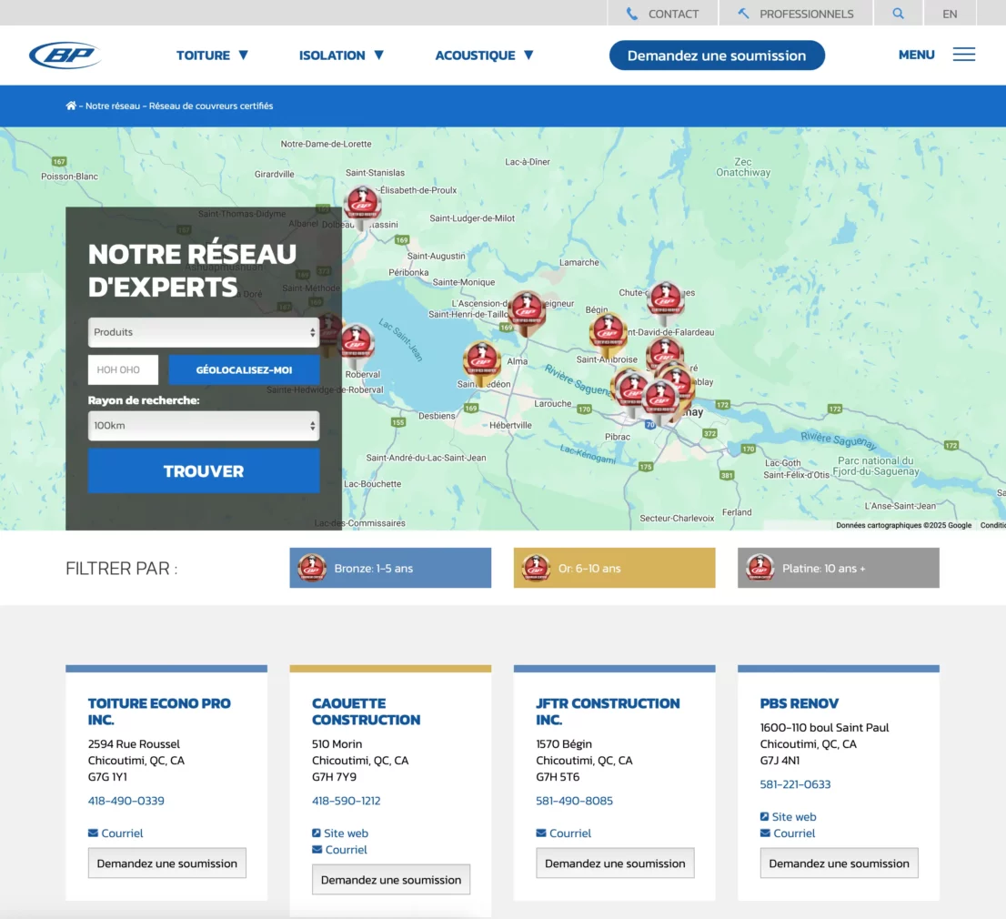Outil de recherche de couvreur certifié BP Canada — site web