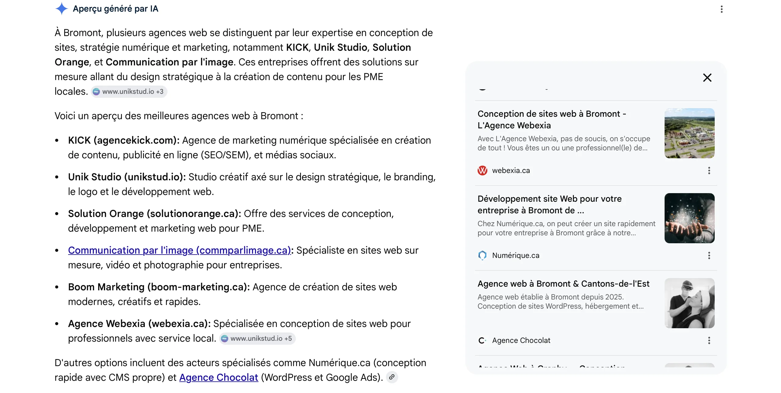 AI Overviews sur la requête des meilleures agences web à Bromont