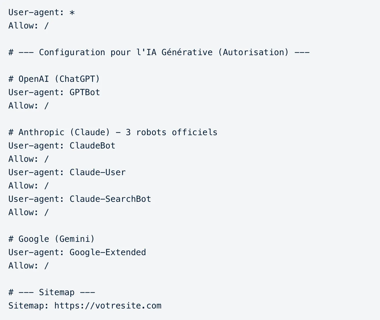 configuration robots.txt pour accepter les robots des IA