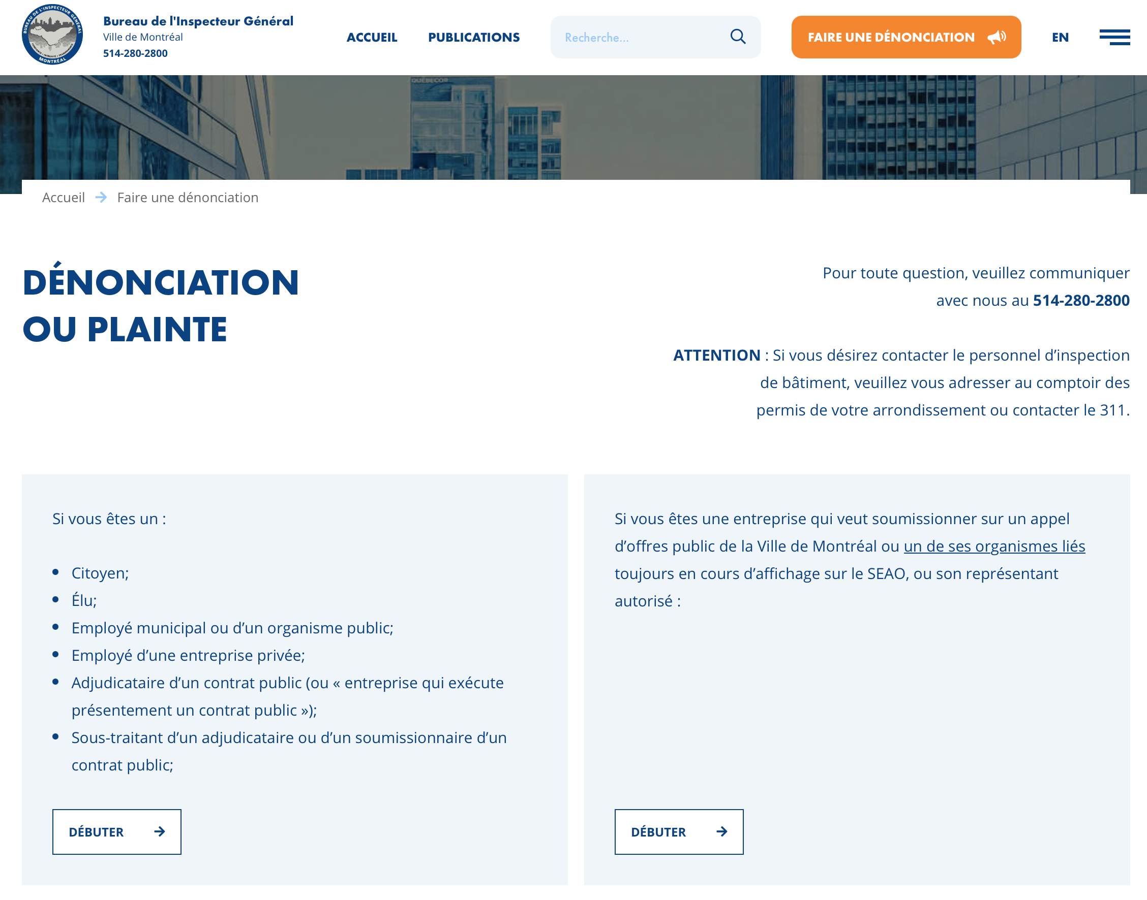Formulaires sécurisés de dénonciation ou plainte du Bureau de l'Inspecteur Général de Montréal