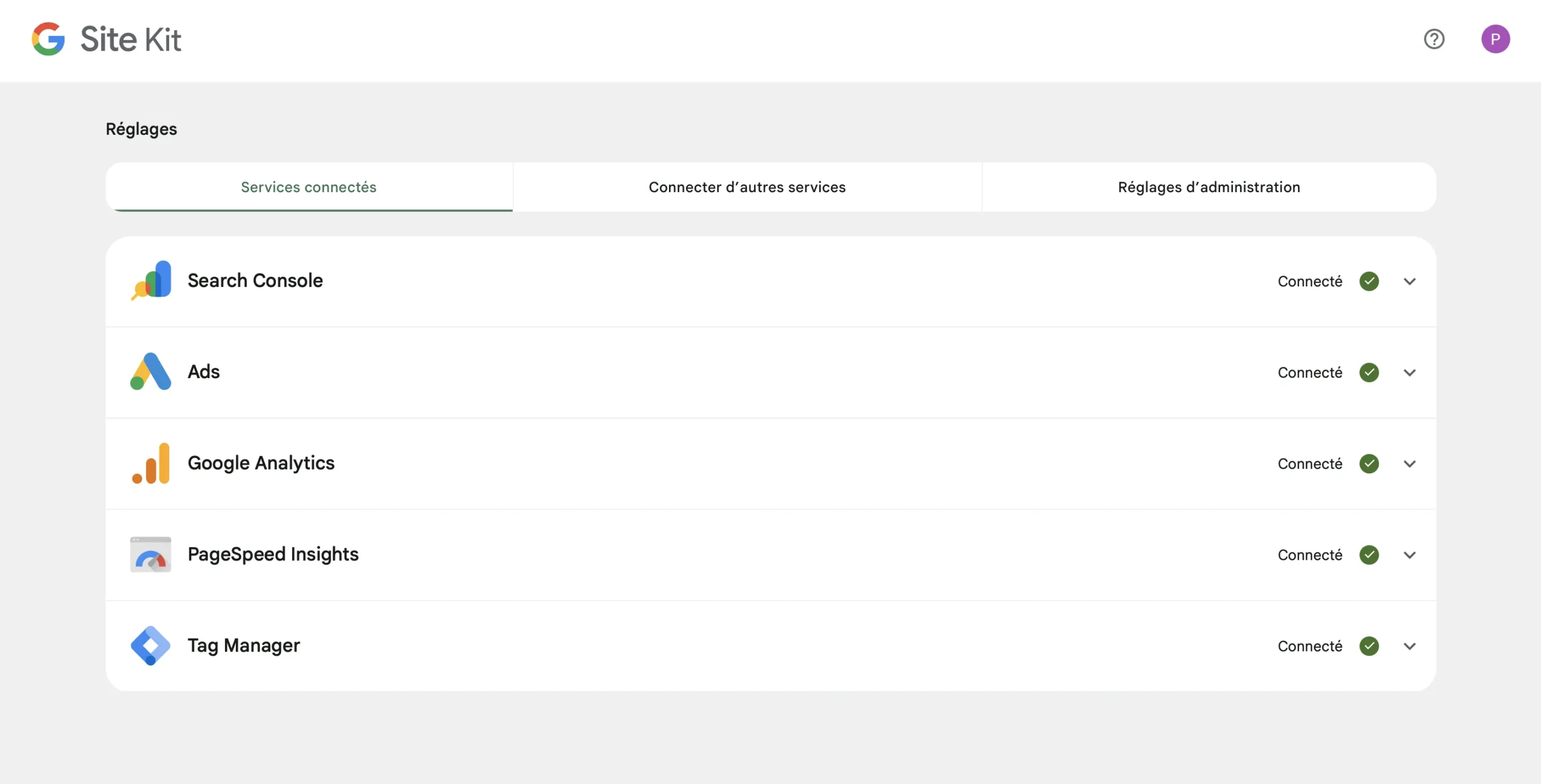 Services connectés de Google Site Kit