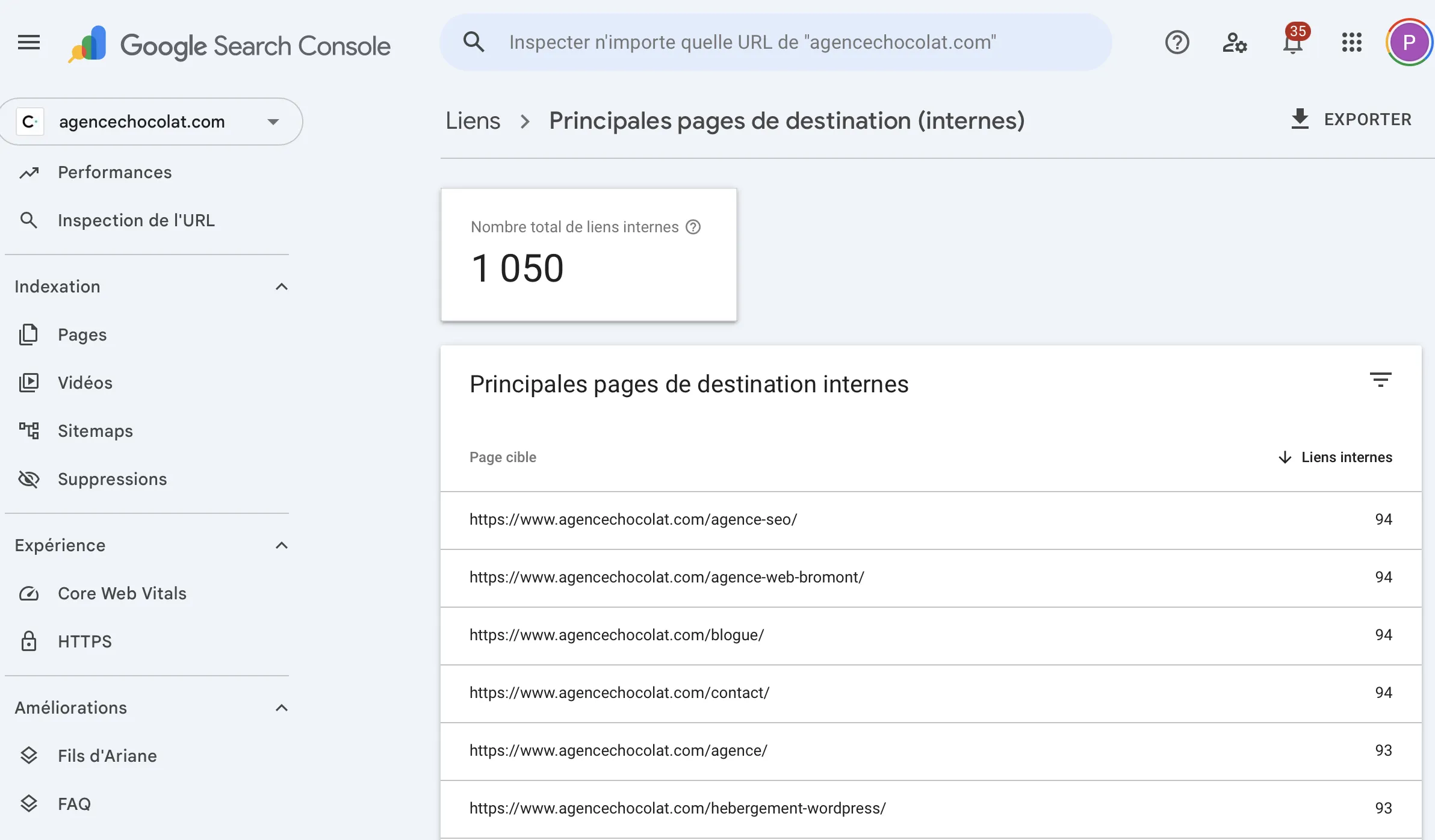 Liens interne de la Google Search Console